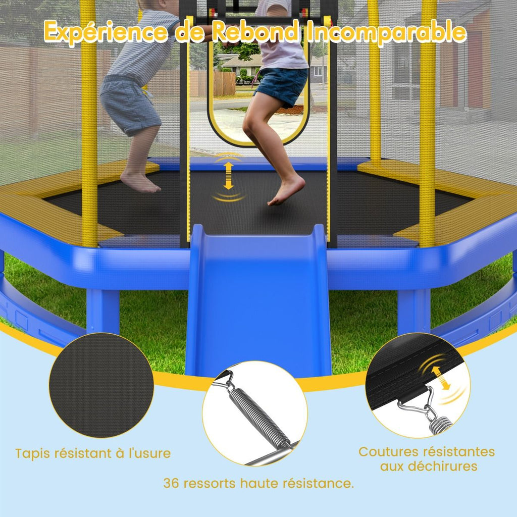 Trampoline Extérieur Ø 223cm avec Toboggan&Echelle avec Filet de Sécurité 2 Portes en U Charge 270kg pour 2-3 Enfants de 3 Ans+ Bleu/Vert -