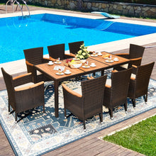 Load image into Gallery viewer, Salon de Jardin en Rotin 9 Pièces pour 8 Personnes Plateau de Table en Acacia Ensemble de Salle à Manger avec Coussins Amovibles Charge 160KG -