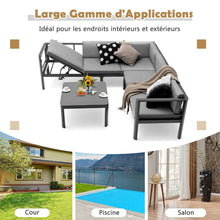 Load image into Gallery viewer, Salon de Jardin Extérieur avec Table Basse en Verre Trempé Canapéavec Dossier Inclinable à 6 Niveaux Coussins Inclus Gris -