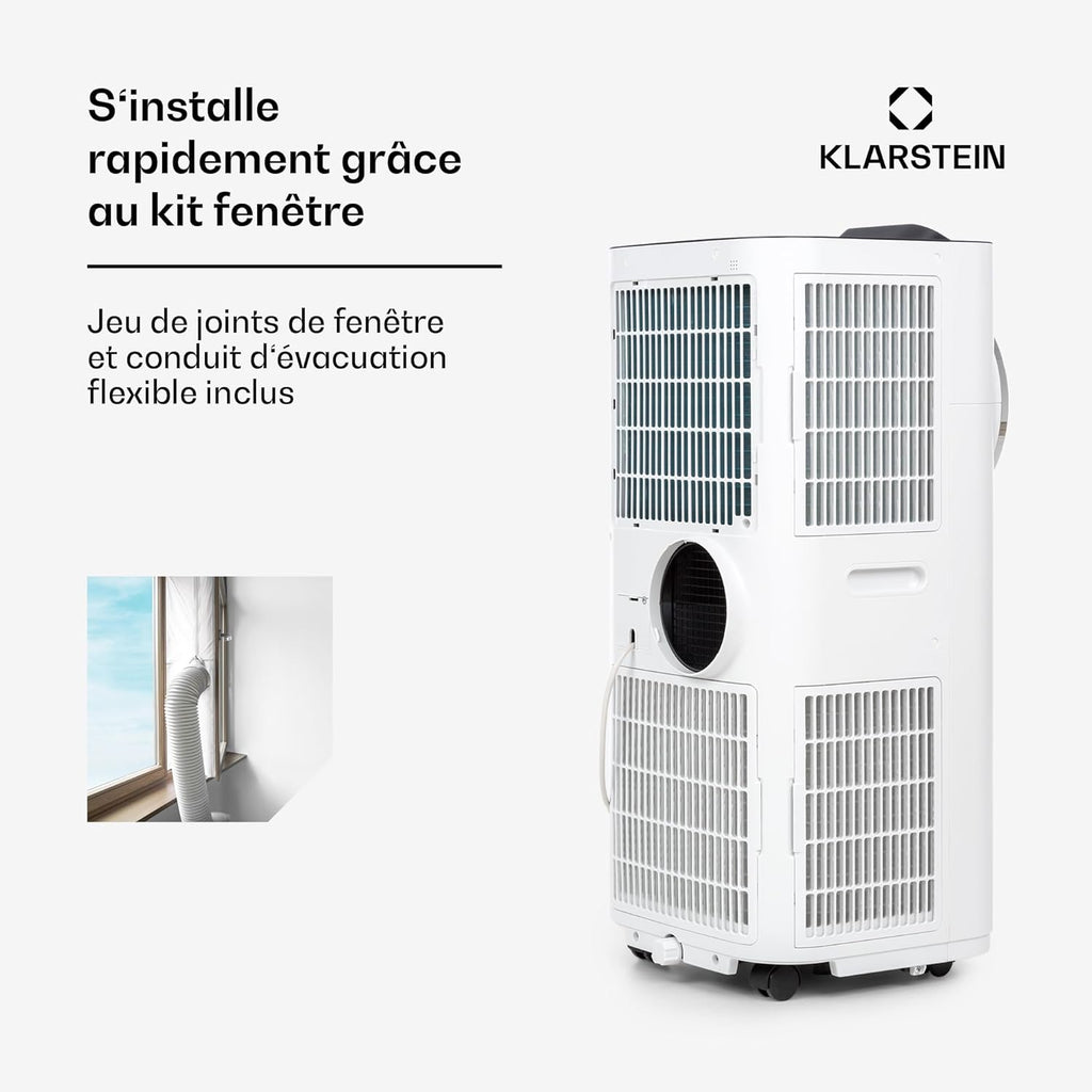 Klarstein Climatiseur Mobile Silencieux, Climatiseur Portable 5 en 1, Mini Climatiseur, Purificateur et Elimination des Odeurs, Mode Nuit, Déshumidificateur d'Air, Faible Conso, 10K BTU, Climatiseurs