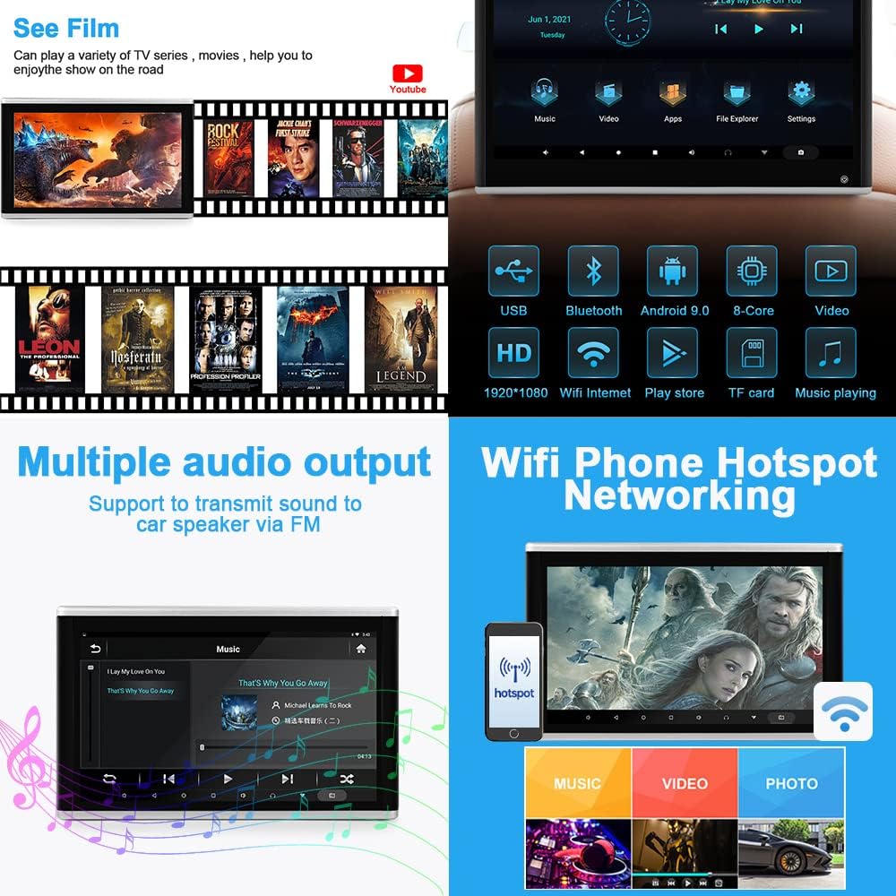 Lecteur vido HD 13,3 pouces (1080p) pour appuie-t锚te de voiture,Android 9.0,avec support de montage,cran tactile IPS 2 Go + 32 Go