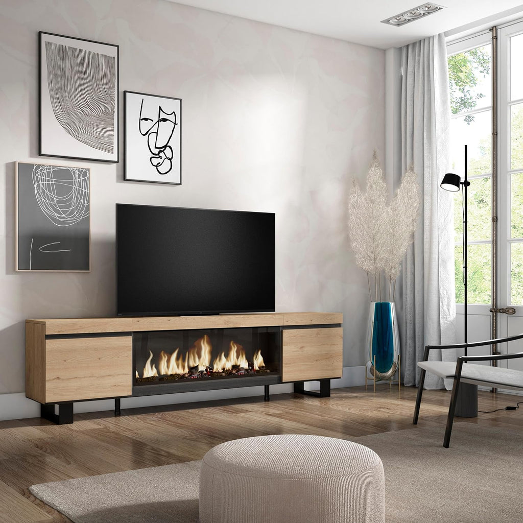 Skraut Home | Meuble TV | Banc Télé | Grand Espace de Rangement | 210 | pour Les TV jusqu'à 80" | Cheminée électrique XXL | Design Industriel | Style Moderne | Chêne