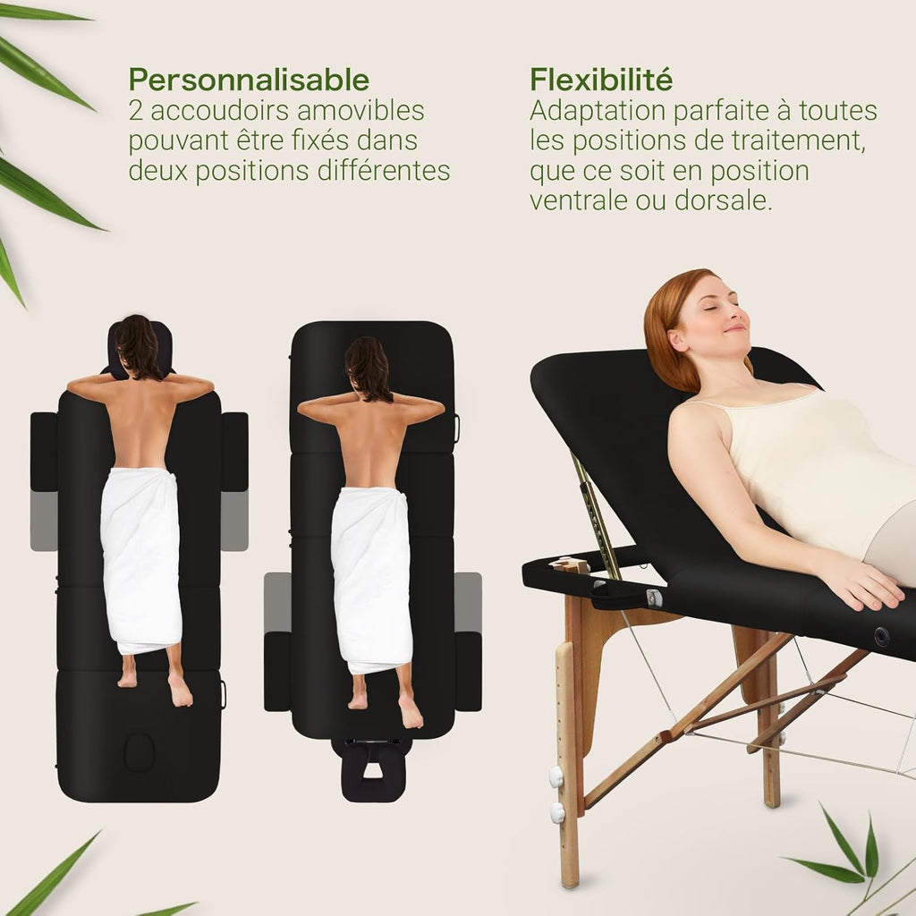 MASSUNDA All INKL Chaise de Massage Pliante et réglable en Hauteur – Table de Massage Mobile en Bois Massif avec Housse en éponge, accoudoirs et dossiers, appuie-tête Ergonomique (Noir)
