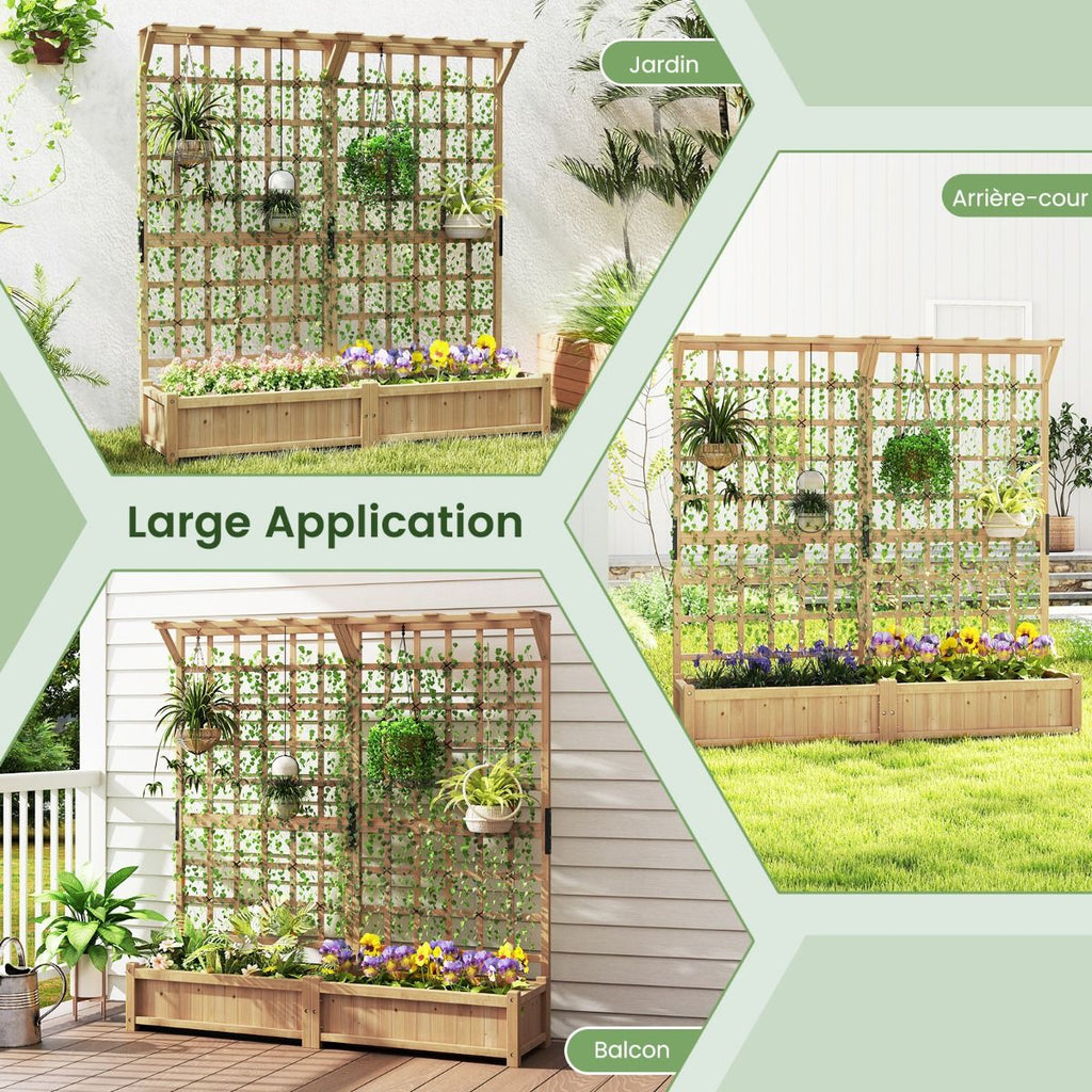 Jardinière avec 2 Treillis 2 Bacs Toit Suspendu en Bois Lit de Jardin Surélevé avec 4 Trous de Drainage 180 x 48 x 183 cm Orange -