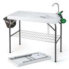 Load image into Gallery viewer, Table de Pêche Pliante avec Robinet Rotatif 360° Table Camping Portable pour Nettoyage Poisson en Acier&amp;HDPE avec Évier et Support de Grille Charge 150KG -