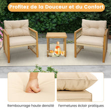 Load image into Gallery viewer, Salon de Jardin avec 1 Table et 2 Fauteuils en Bois d'Acacia et Rotin Anti-UV Pieds Rglables Coussins avec Zip Nautel -
