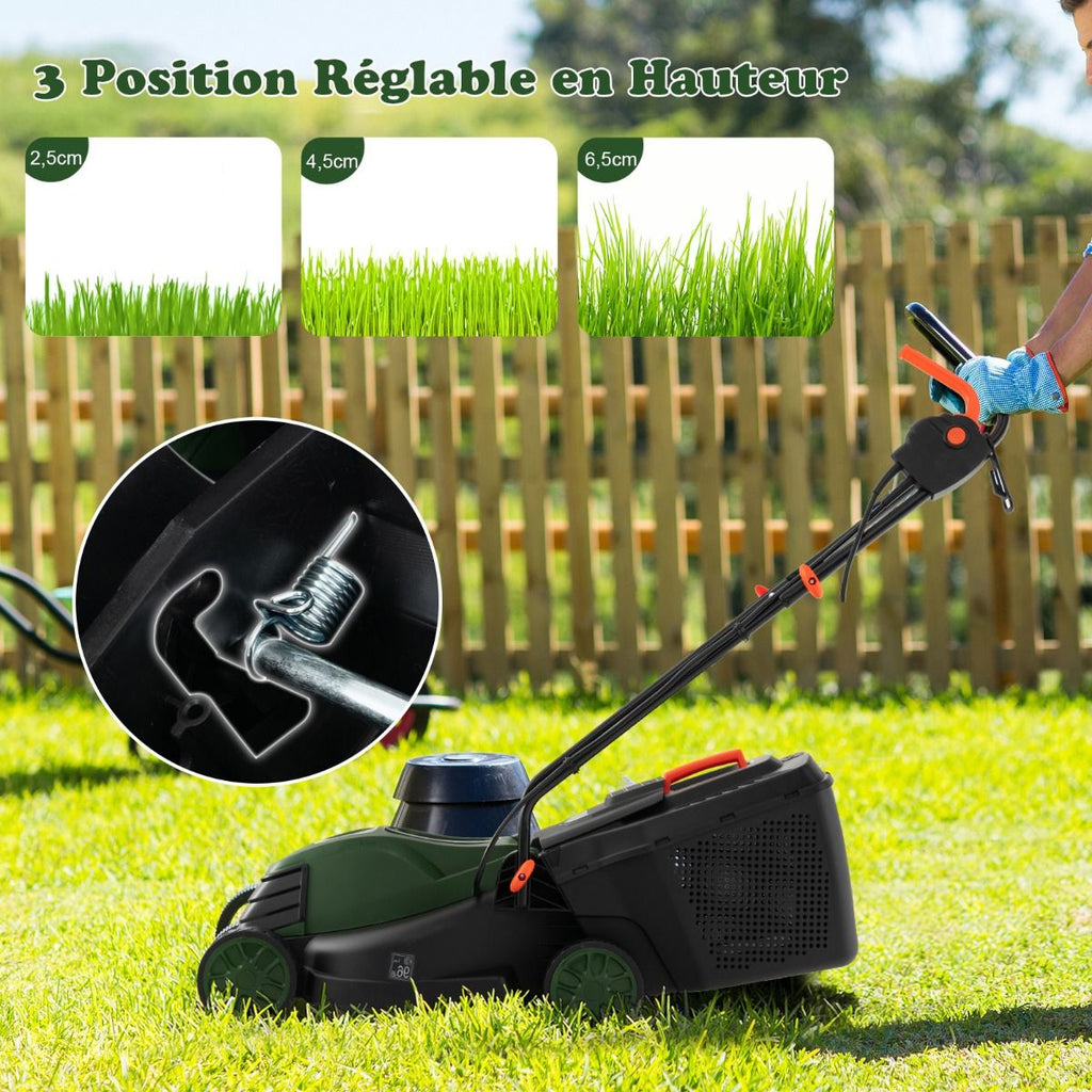 Tondeuse à Gazon Électrique Filaire 1500 W 4015 TR/Min Boîte de Collecte 35 L 3 Hauteur Réglables 25-65 MM Largeur de Coupe 34 CM Vert -