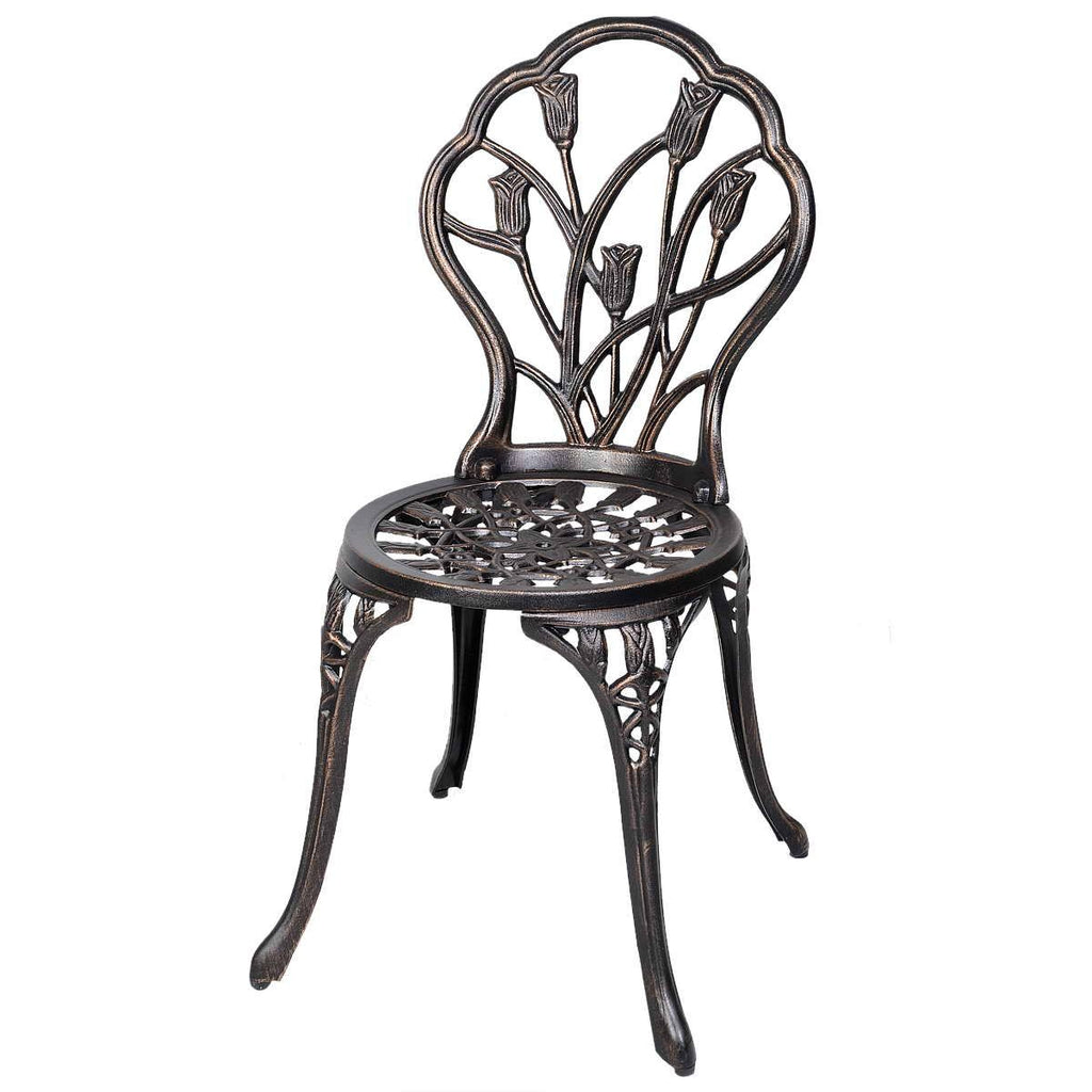 Salon de jardin avec 1 table ronde et 2 chaises en fonte d’aluminium Style rétro avec motif tulipe avec trou de parasol -