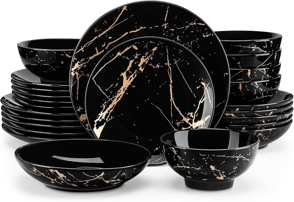 LOVECASA Service de Table 6 Personnes - Collection Daphne en Grès - 24 Pièces (Assiettes Plates, Dessert, Bols Céréales, Pâtes) Design Noir & Doré