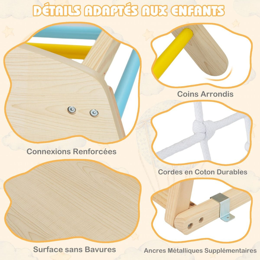 Triangle d'Escalade 6 en 1 en Bois avec Toboggan et Filet Barre pour Grimper Ramper et Glisser 1 An+ Coloré/Naturel -