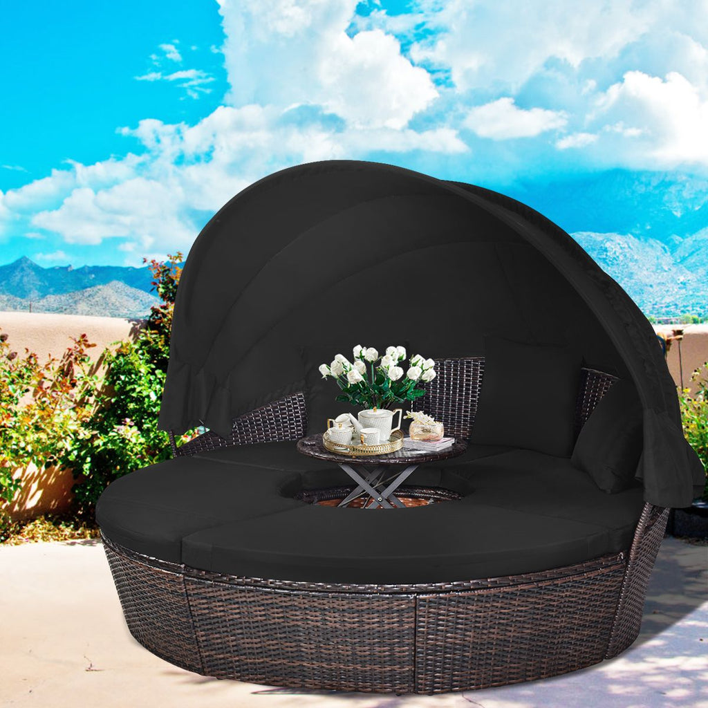 Lit de Jardin Rond d'Exterieur Table Relevable Modulable & Convertible - Pare Soleil Réglable rotin PE Coussins Inclus Noir -