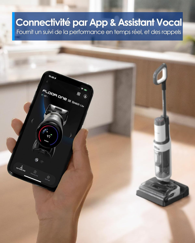 Tineco Aspirateur Balai sans Fil Floor One S6 Stretch Lite Aspirateur Laveur, S’aplatit à 180°, Auto-Nettoyage, Longue Autonomie, Nettoyage des Bords de 2 côtés