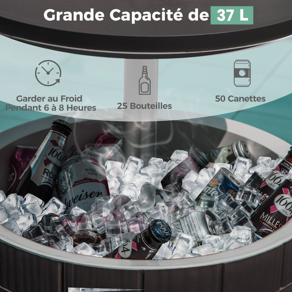 Table Glacière 37L pour Jardin 3 en 1 avec Plateau Télescopique Seau à Glace d'Extérieur pour Cocktails Bière Ø48x58/83cm Marron+Blanc -