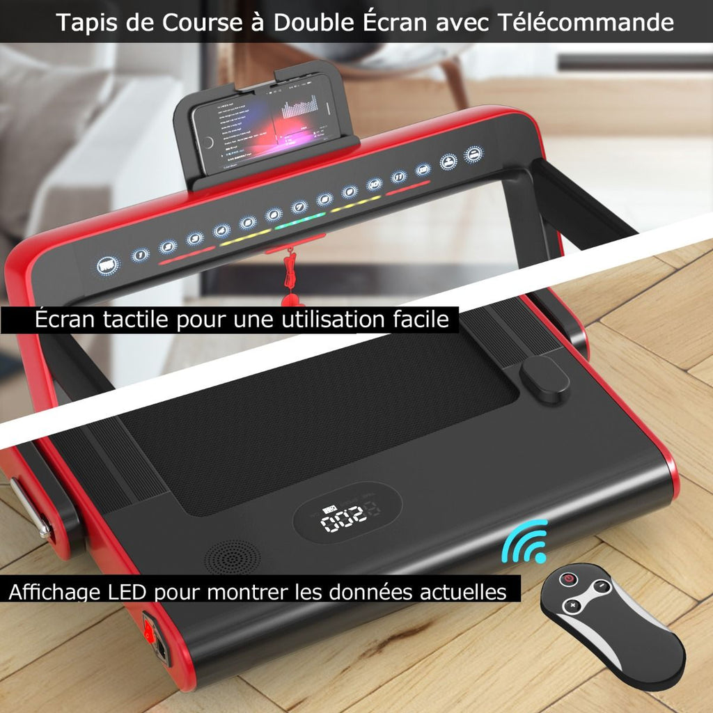 Tapis de Course Pliable 0,75HP Double Affichage LED APP et Tlcommande Vitesse Motoris 12 km/h Surface 40x100cm Rouge -