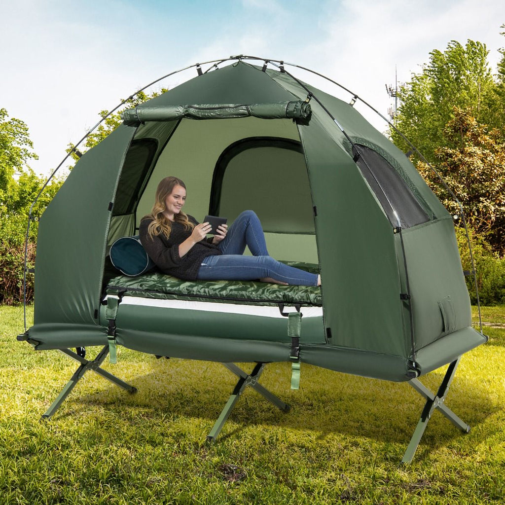 Tente de Camping avec Lit pour 1 Personne Lit de Camping Pliant 5 en 1 avec Matelas Pneumatique Oreiller Sac de Couchage Tente Surélevée Étanche -