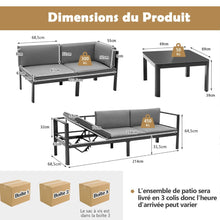 Load image into Gallery viewer, Salon de Jardin Extérieur avec Table Basse en Verre Trempé Canapéavec Dossier Inclinable à 6 Niveaux Coussins Inclus Gris -