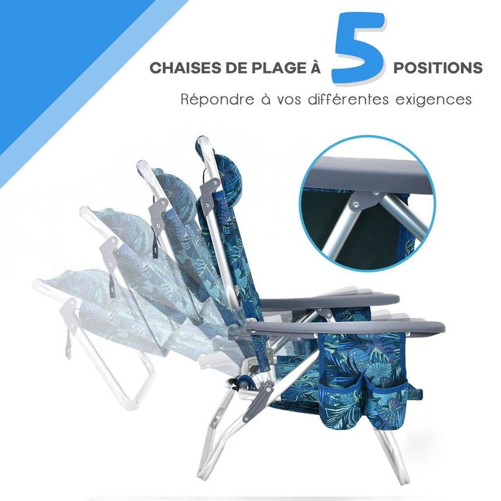 Lot de 2 Chaises de Camping Plage Pliante Table Enroulable en Aluminium Appui-tête Dossier Réglable à 5 Positions 6 Couleurs au Choix -