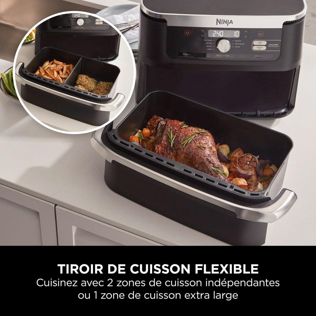 Foodi FlexDrawer Air Fryer,Dual Zone Avec Sparateur Amovible,Grand Tiroir de 10,4 L,7-en-1,Double Zone,Sans Huile,Pices Antiadhsives Compatibles Au Lave-Vaisselle,Noir AF500EU