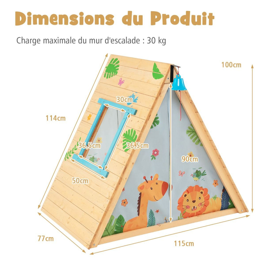 Maison de Jardin Enfants 2 en 1 avec Escalade Cloche Impermable Cabane en Bois de Sapin Exterieur et Intrieur 3-8 Ans -