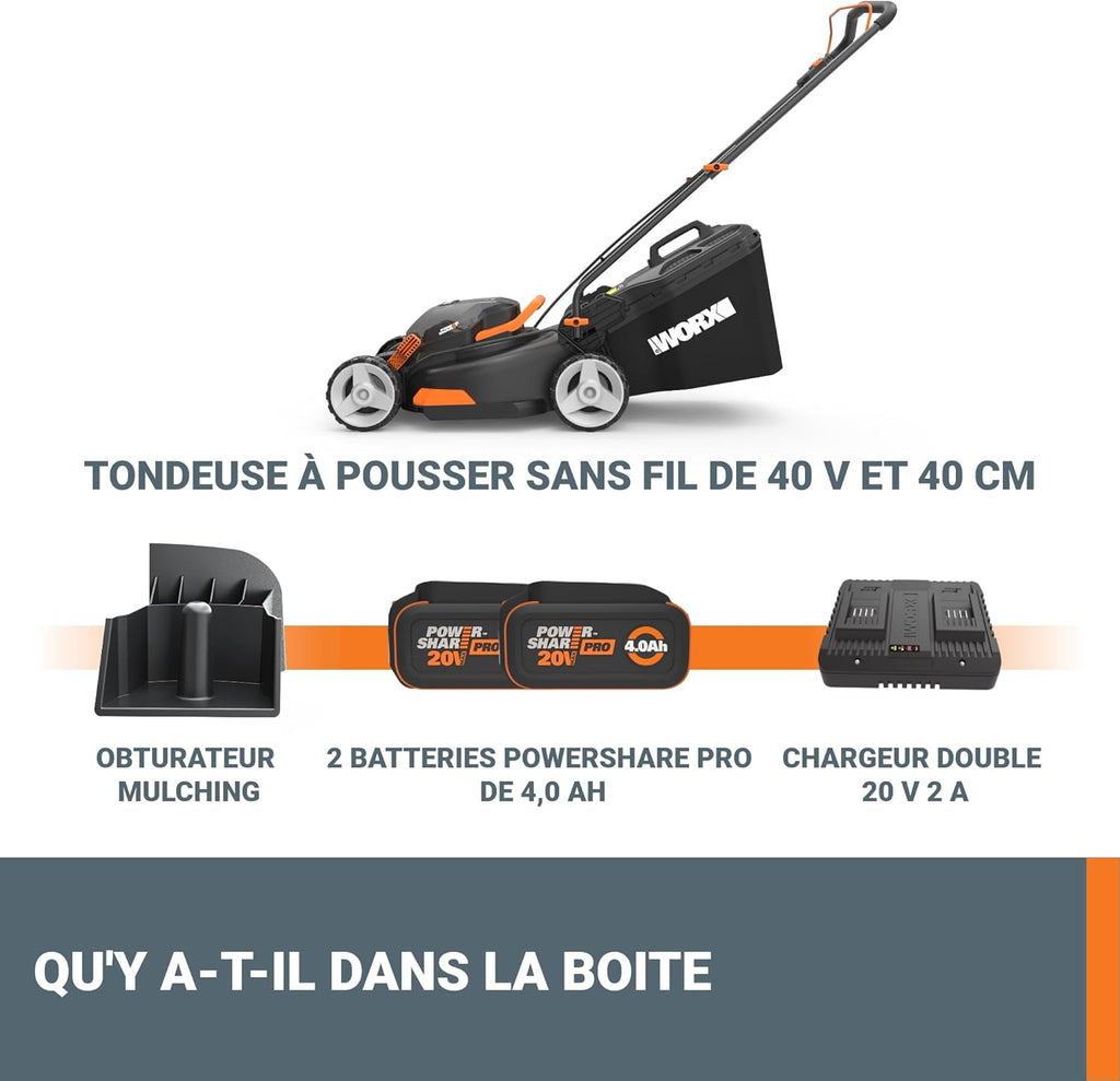 Pack Pro+ Tondeuse à Gazon 40V 460m² + Coupe-Bordures 20V + 2 Batteries 4Ah et 1 Batterie 2Ah + Chargeur Double et Chargeur Simple (Idéal pour l'Entretien du Jardin)