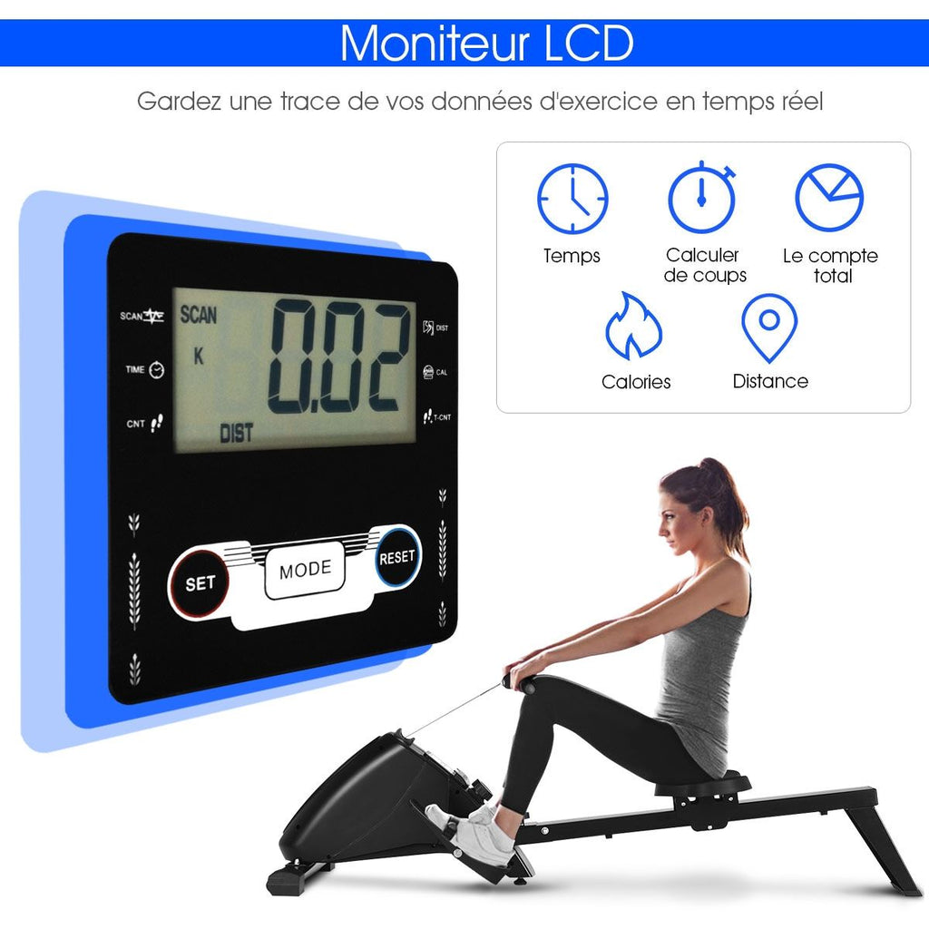 Rameur d'Appartement Pliable à Résistance 10 Niveaux Ecran Lcd Capacité 120kg Musculation Des Bras Cardio-Training Noir -