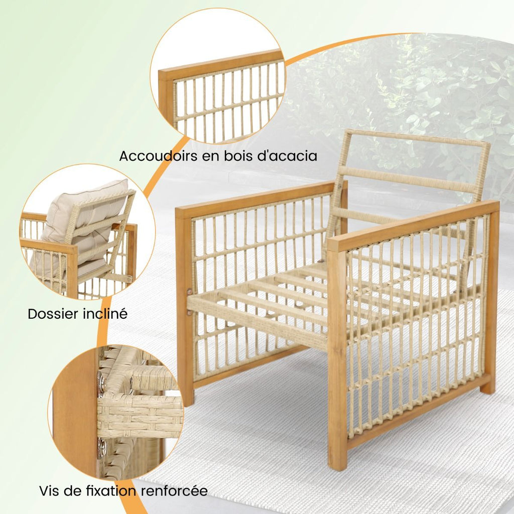 Salon de Jardin avec 1 Table et 2 Fauteuils en Bois d'Acacia et Rotin Anti-UV Pieds Réglables Coussins avec Zip Nautel -