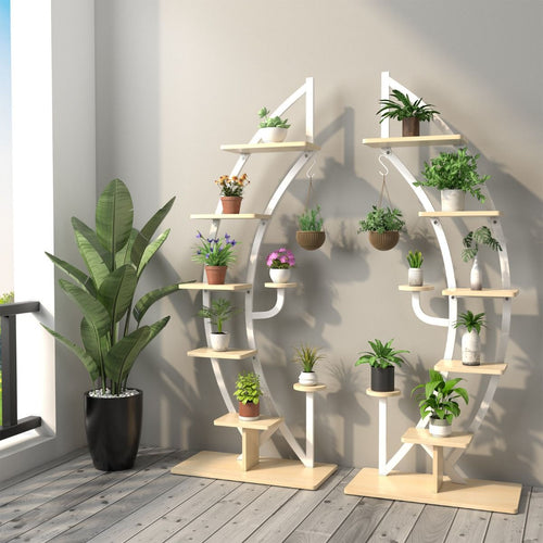 Lot de 2 tagres  Fleurs en Mtal  7 Niveaux Porte Plantes en Forme de Demi-lune avec Dispositif Anti-renversement 60 x 30 x 155 CM Blanc/Naturel -