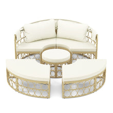 Load image into Gallery viewer, Lit de Repos Rond pour Patio avec Auvent Rtractable Ensemble de Sige Sectionnels Spars en Rotin PE avec Coussins Doux Blanc -