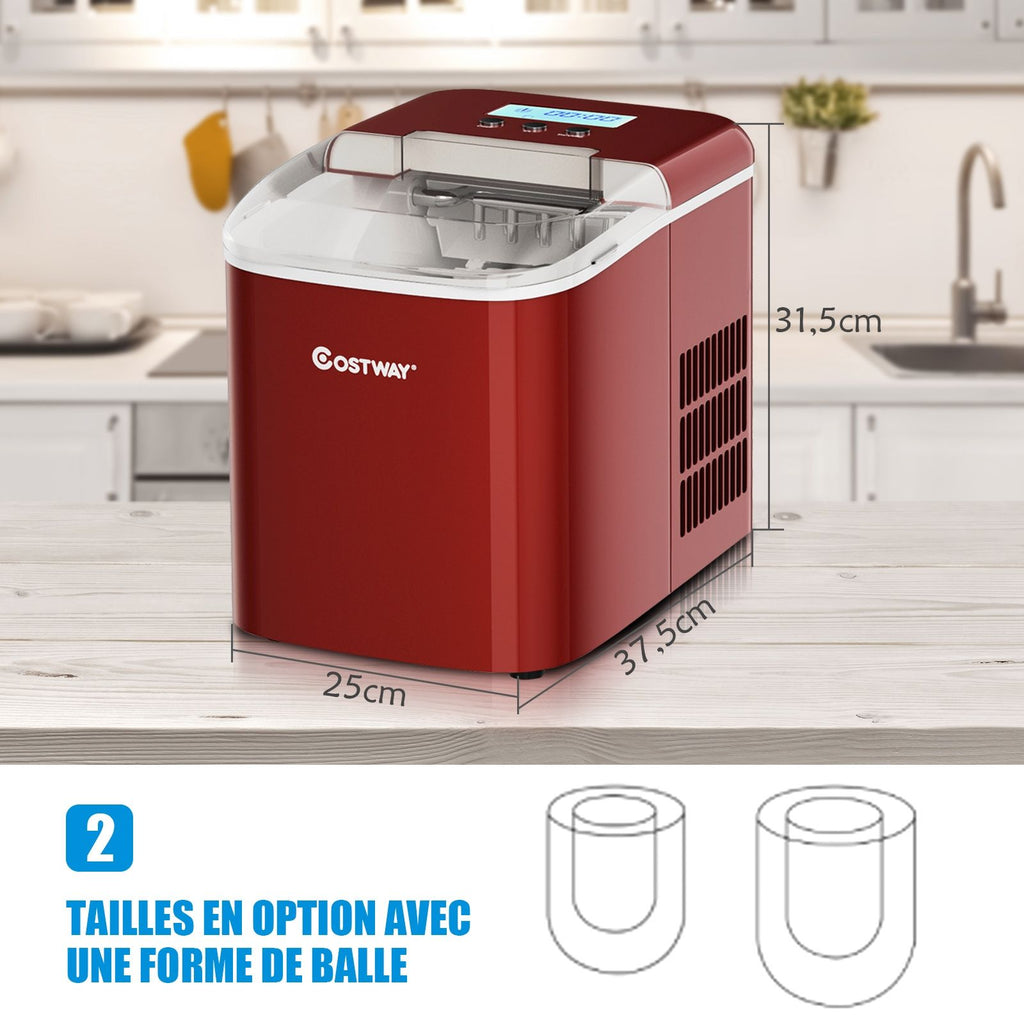 Machine à Glaçons 12KG/24H 2 Tailles de Glaçons 2,1L Réservoir 9pcs en 7 Minutes Pelle Panier Amovible Comptoir Maison Rouge -