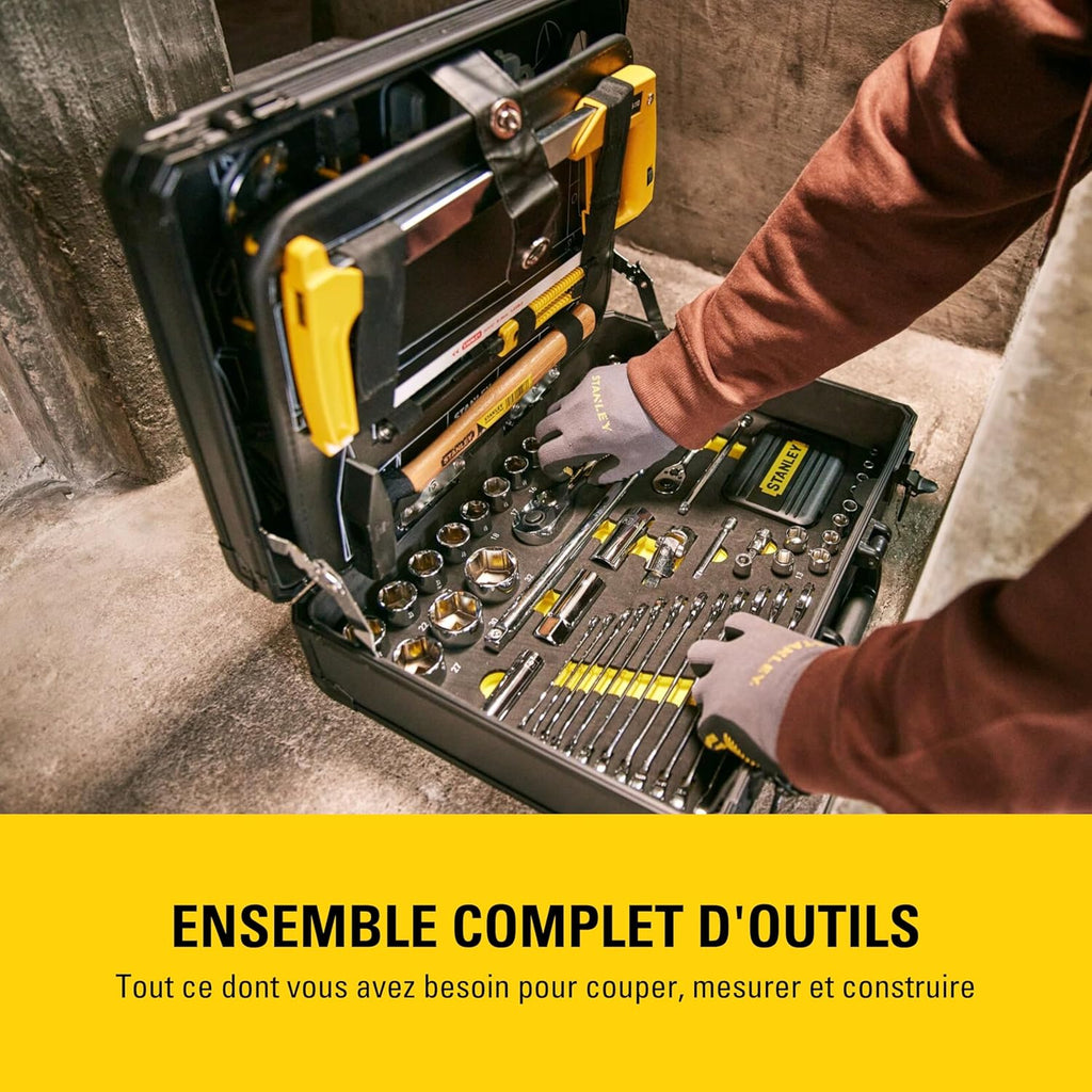 STANLEY Valise de Maintenance 142 Pièces - Pinces et Coupe-Touts, Clé à Molette, Niveau, Mesure, Tournevis, Scie à Métaux, Cutter, Marteau, Outils pour Serrage-Vissage STMT98109-1