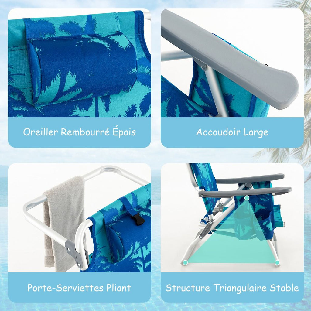 Lot de 2 Chaises de Camping Plage Pliante Table Enroulable en Aluminium Appui-tête Dossier Réglable à 5 Positions 6 Couleurs au Choix -