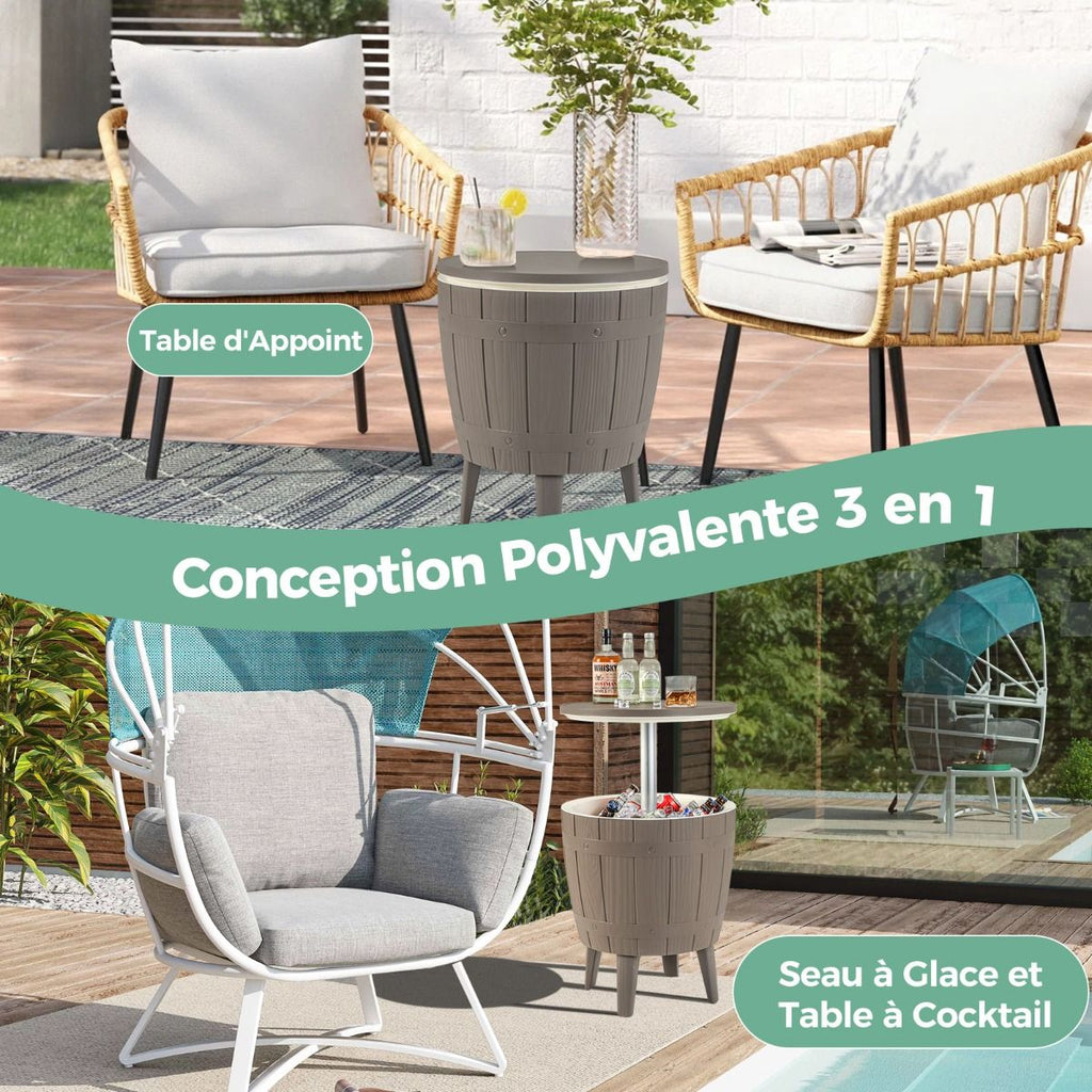 Table Glacière 37L pour Jardin 3 en 1 avec Plateau Télescopique Seau à Glace d'Extérieur pour Cocktails Bière Ø48x58/83cm Marron+Blanc -