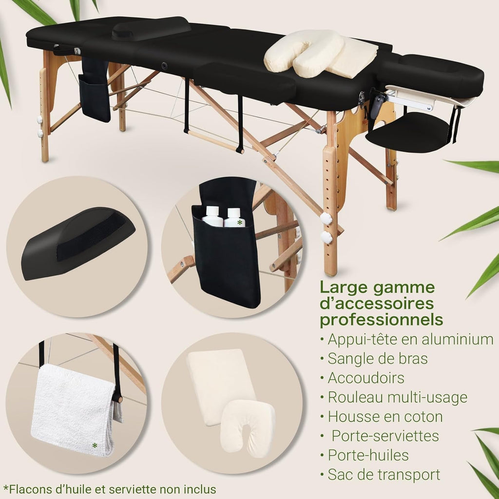 MASSUNDA All INKL Chaise de Massage Pliante et réglable en Hauteur – Table de Massage Mobile en Bois Massif avec Housse en éponge, accoudoirs et dossiers, appuie-tête Ergonomique (Noir)