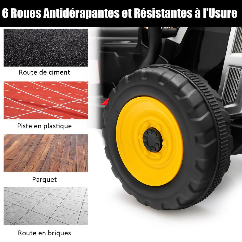 Tracteur Electrique avec Remorque pour Enfants 3 Vitesses Lumières LED Fonctions o USB et Bluetooth Jaune/Rose/Rouge/Vert/Vert Foncé/Noir -