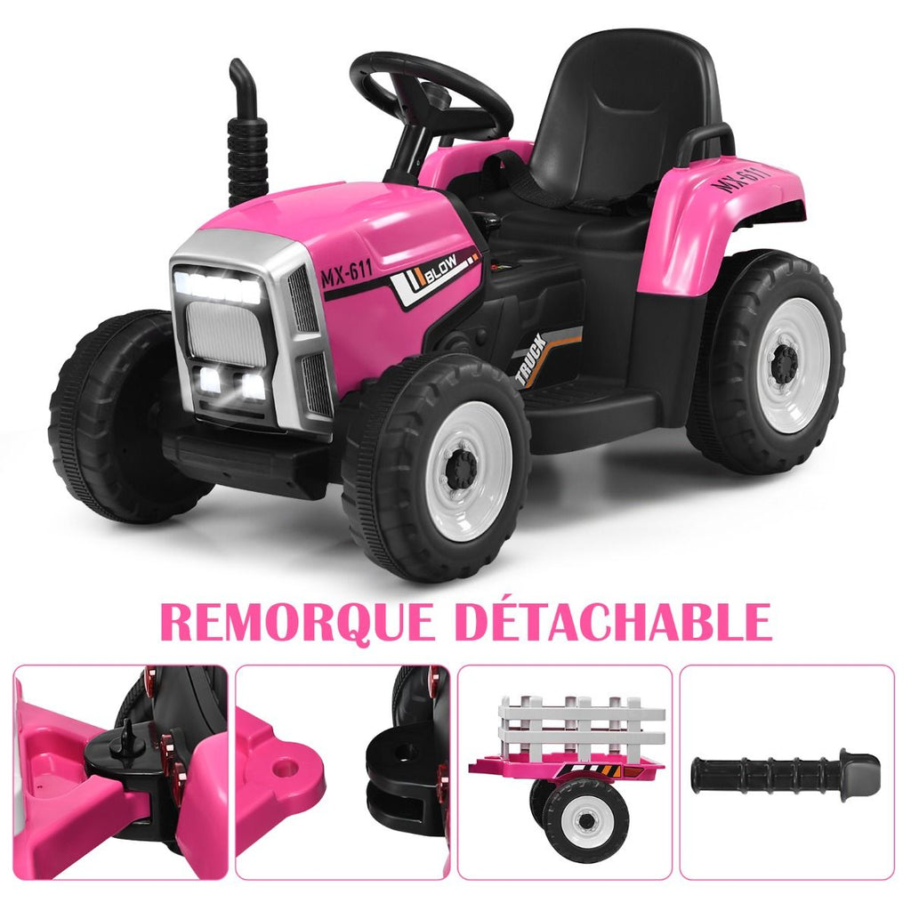 Tracteur Electrique avec Remorque pour Enfants 3 Vitesses Lumires LED Fonctions o USB et Bluetooth Jaune/Rose/Rouge/Vert/Vert Fonc/Noir -