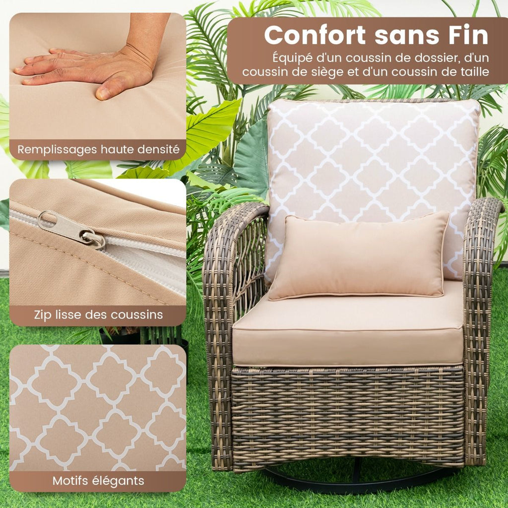 Salon de Jardin Extérieur 3PCS - 2 en Fauteuils à Bascule Pivotant à 360°Rotin PE Cadre Métal our Terrasse Balcon -