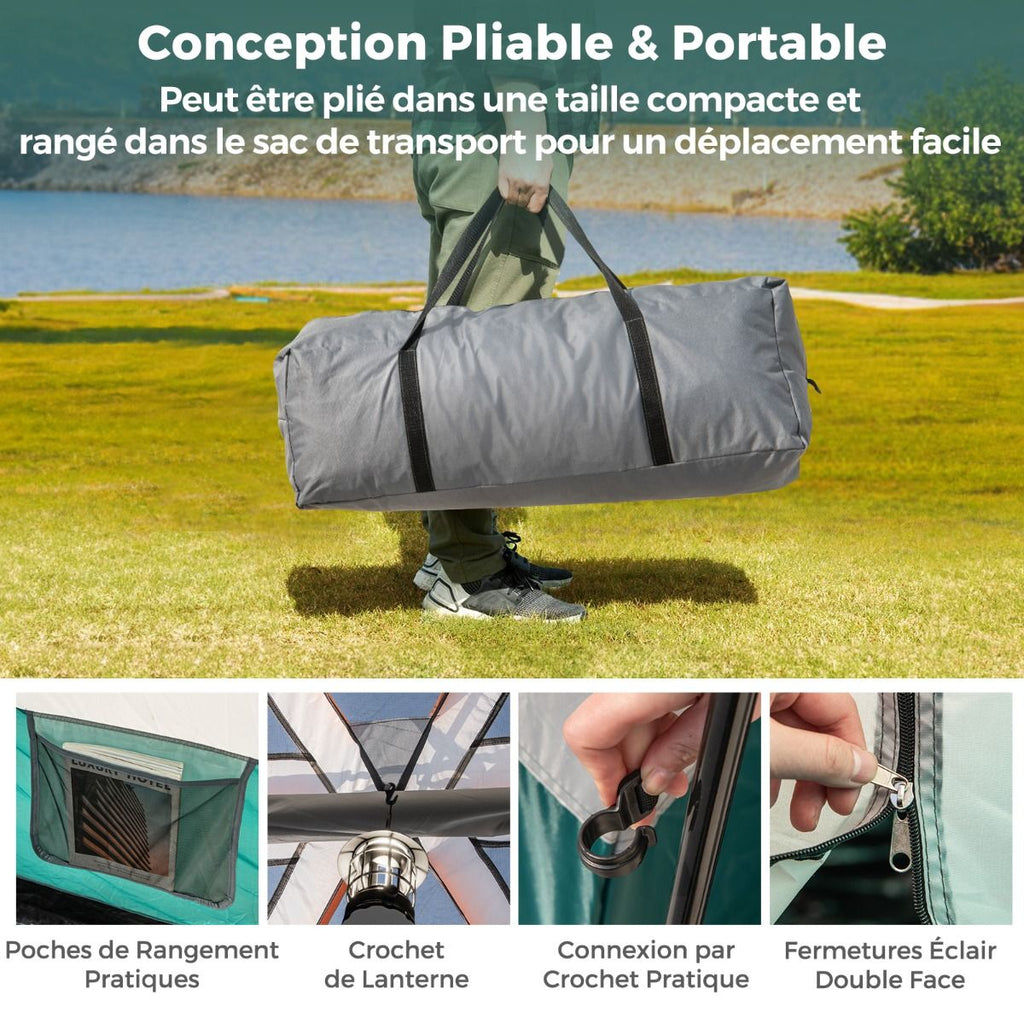 Tente de Camping pour 6 Personnes avec 2 Pièces Tente Double Couchage Double Toit Bâche en Pe Fenêtres en Maille Imperméable avec Sac de Transport Vert -