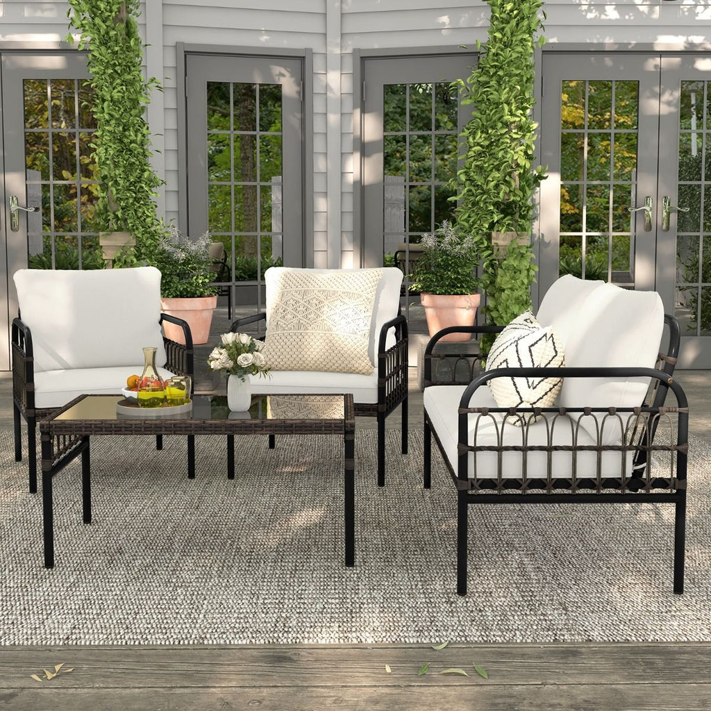 Meubles de Patio 4 Pices en Rotin Charge 180-360KG avec Chaises Causeuse Coussins et Table Basse en Verre Tremp pour Balcon Blanc -