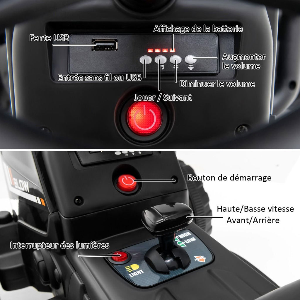 Tracteur Electrique avec Remorque pour Enfants 3 Vitesses Lumières LED Fonctions o USB et Bluetooth Jaune/Rose/Rouge/Vert/Vert Foncé/Noir -
