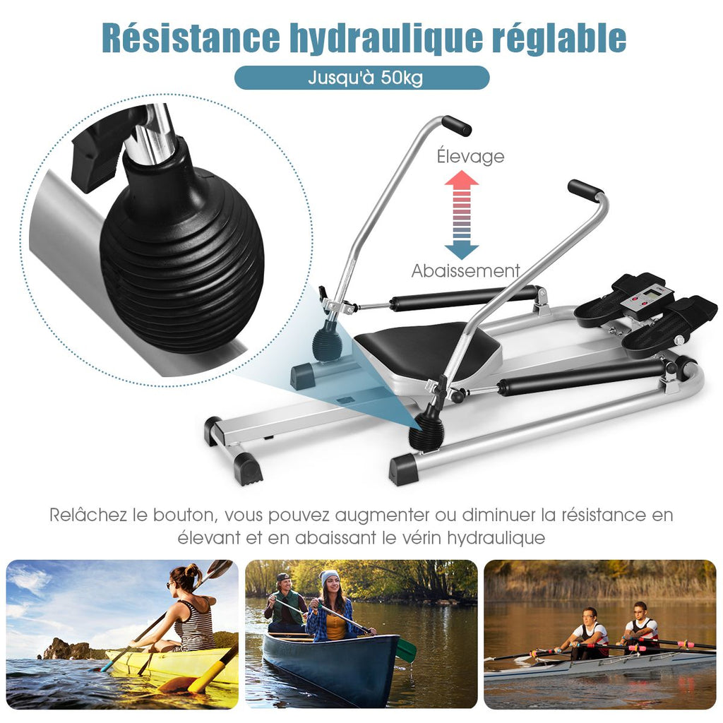 Rameur de Fitness Rsistance Hydraulique Rglable 50kg Affichage LCD Pdale Antidrapante Charge de 100 kg Argent -