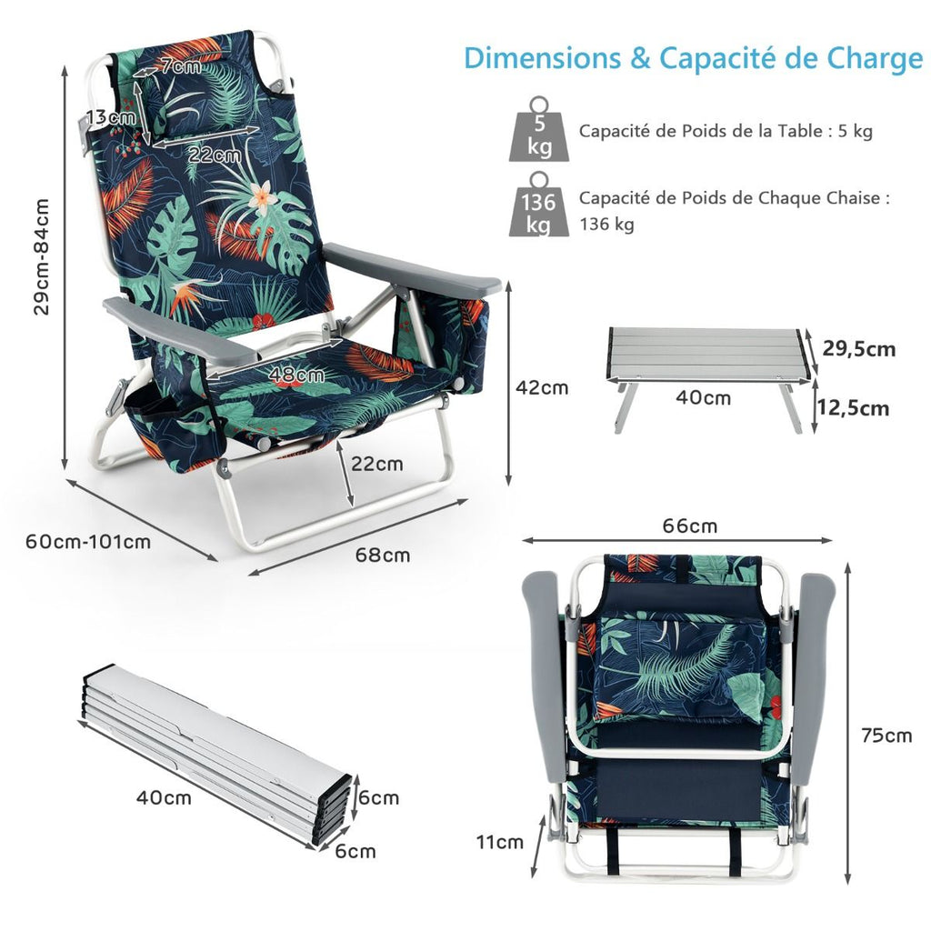 Lot de 2 Chaises de Camping Plage Pliante Table Enroulable en Aluminium Appui-tête Dossier Réglable à 5 Positions 6 Couleurs au Choix -
