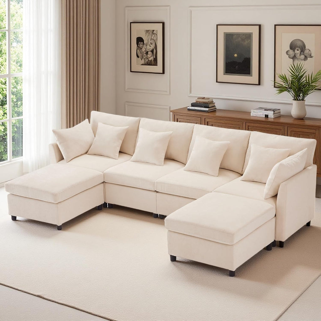 Seyakany Canapé d'angle Convertible,canapé Convertible 4 Places,en Tissu Chenille avec Repose-Pieds Amovible,canapé Quatre Places en L en U,adapté à la Maison,au Salon,à l'appartement