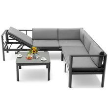 Load image into Gallery viewer, Salon de Jardin Extérieur avec Table Basse en Verre Trempé Canapéavec Dossier Inclinable à 6 Niveaux Coussins Inclus Gris -