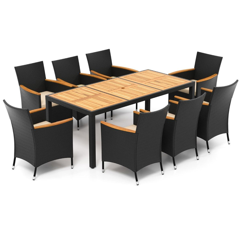 Salon de Jardin en Rotin 9 Pièces Plateau de Table en Acacia Ensemble de Salle à Manger avec Coussins Amovibles Trou Charge 180KG Beige+Noir -