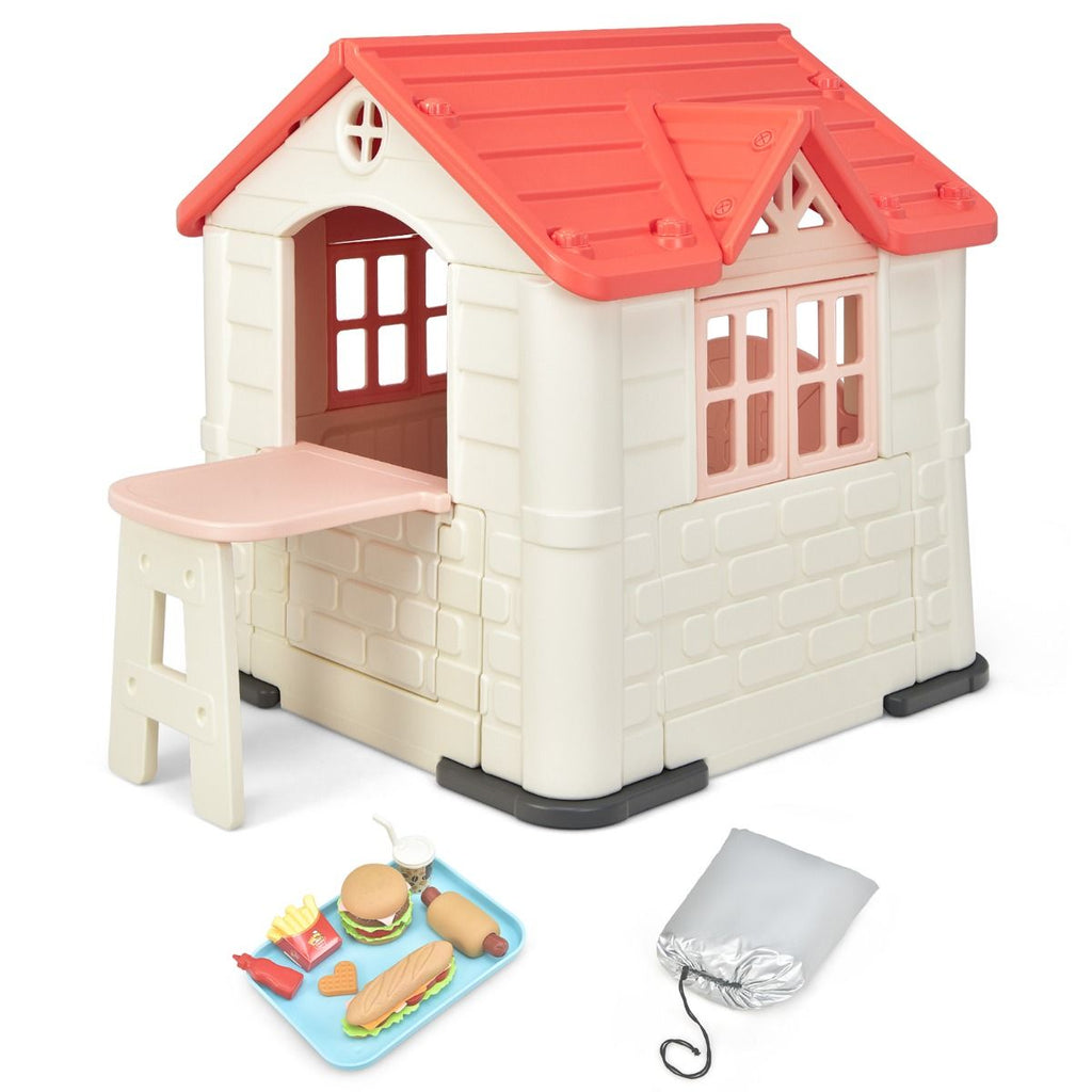 Maison Chef House -Thme Burger Bar - Table de Pique Nique Cabane de Jardin Anti-UV en Plastique 164x124x132 cm Bleu/Rose/Jaune -
