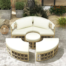 Load image into Gallery viewer, Lit de Repos Rond pour Patio avec Auvent Rtractable Ensemble de Sige Sectionnels Spars en Rotin PE avec Coussins Doux Blanc -