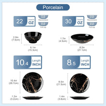 Load image into Gallery viewer, LOVECASA Service de Table 6 Personnes - Collection Daphne en Grès - 24 Pièces (Assiettes Plates, Dessert, Bols Céréales, Pâtes) Design Noir &amp; Doré