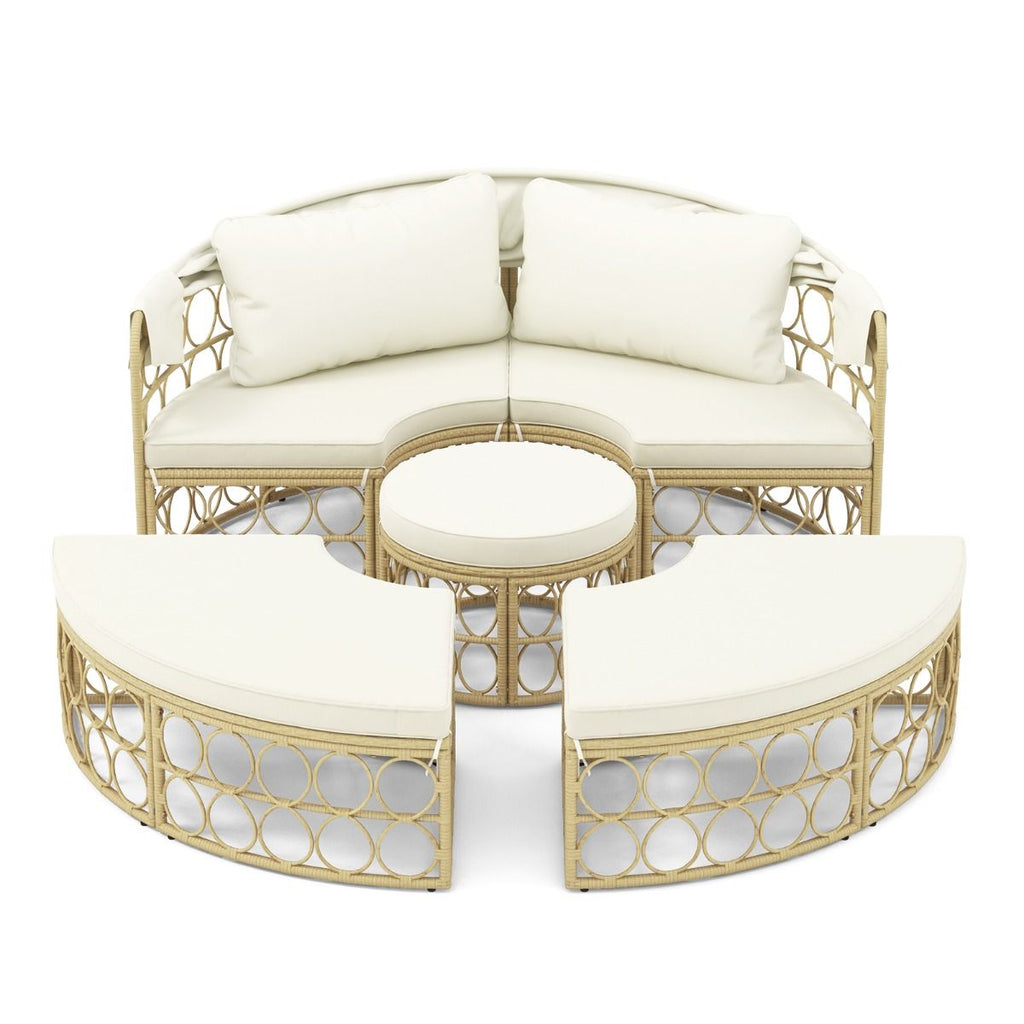 Lit de Repos Rond pour Patio avec Auvent Rétractable Ensemble de Siège Sectionnels Séparés en Rotin PE avec Coussins Doux Blanc -