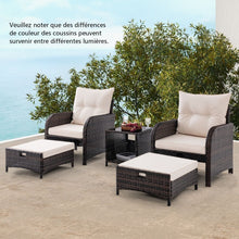 Load image into Gallery viewer, Meubles de Patio 5 Pices Ensemble de Canap d'Extrieur en Rotin avec 2 Chaises 2 Poufs et 1 Table Basse Coussins Doux Plateau en Verre Tremp Beige -
