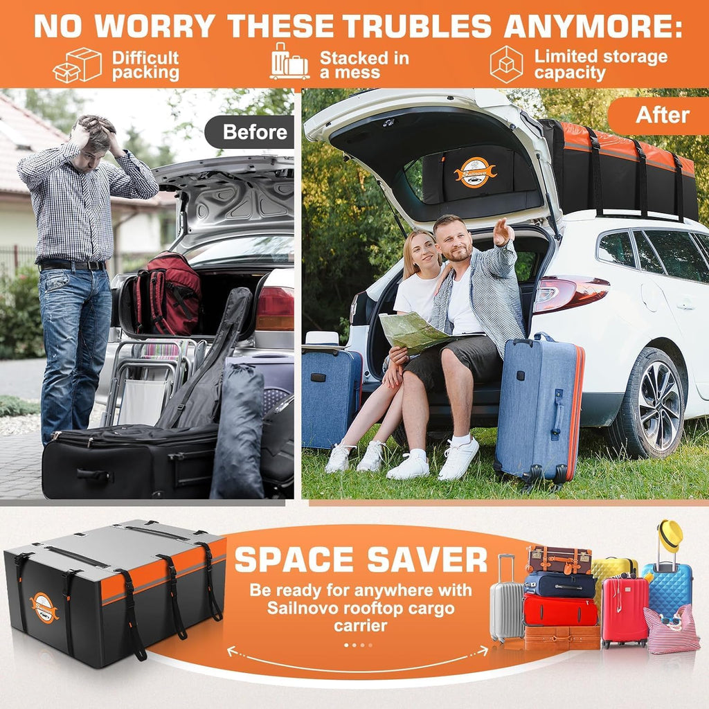 Sailnovo Coffre de Toit Souple de 0,6 m³ avec Tapis antidérapant + 6 Crochets de Porte, Sac de Toit imperméable en PVC pour Voiture avec/sans Porte-Bagages, Noir